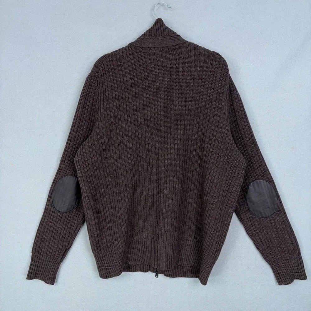 Banana Republic Sweater Men XL Brown Ribbed Full Zip Wool Leather Elbow Patch